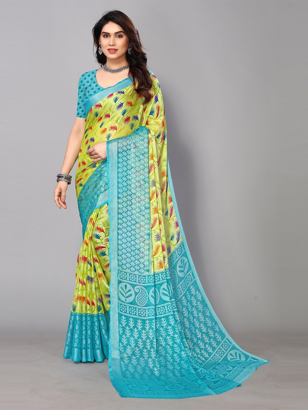 

FABMORA Floral Printed Zari Pure Chiffon Brasso Saree, Blue