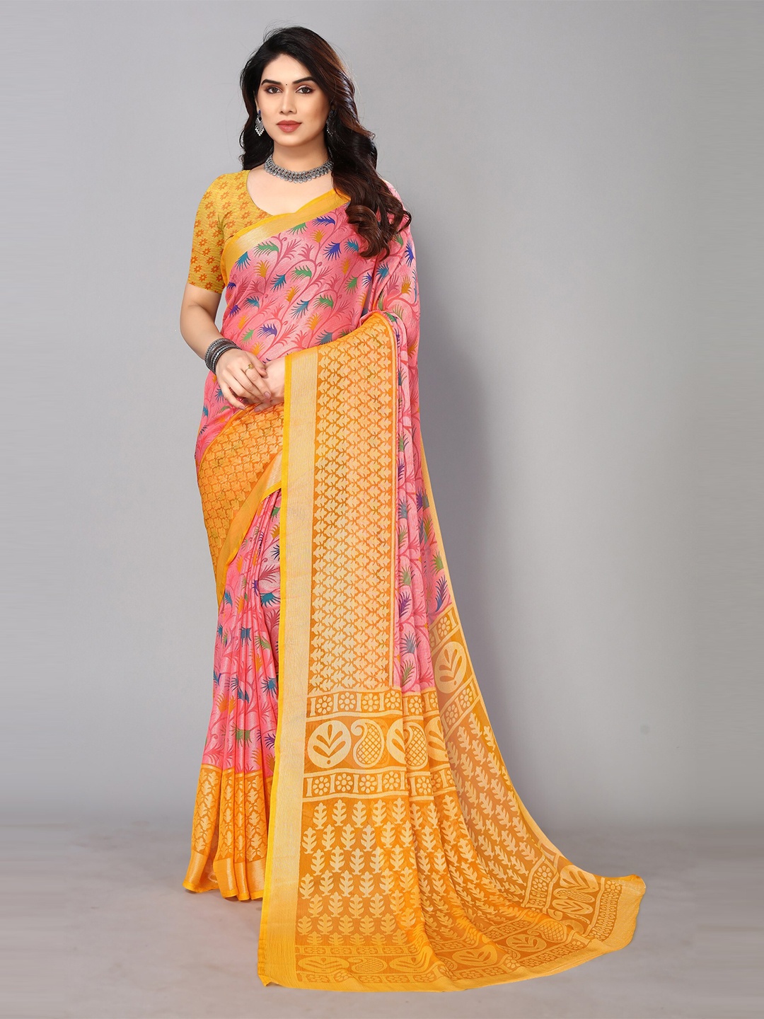 

FABMORA Floral Printed Zari Pure Chiffon Brasso Saree, Yellow