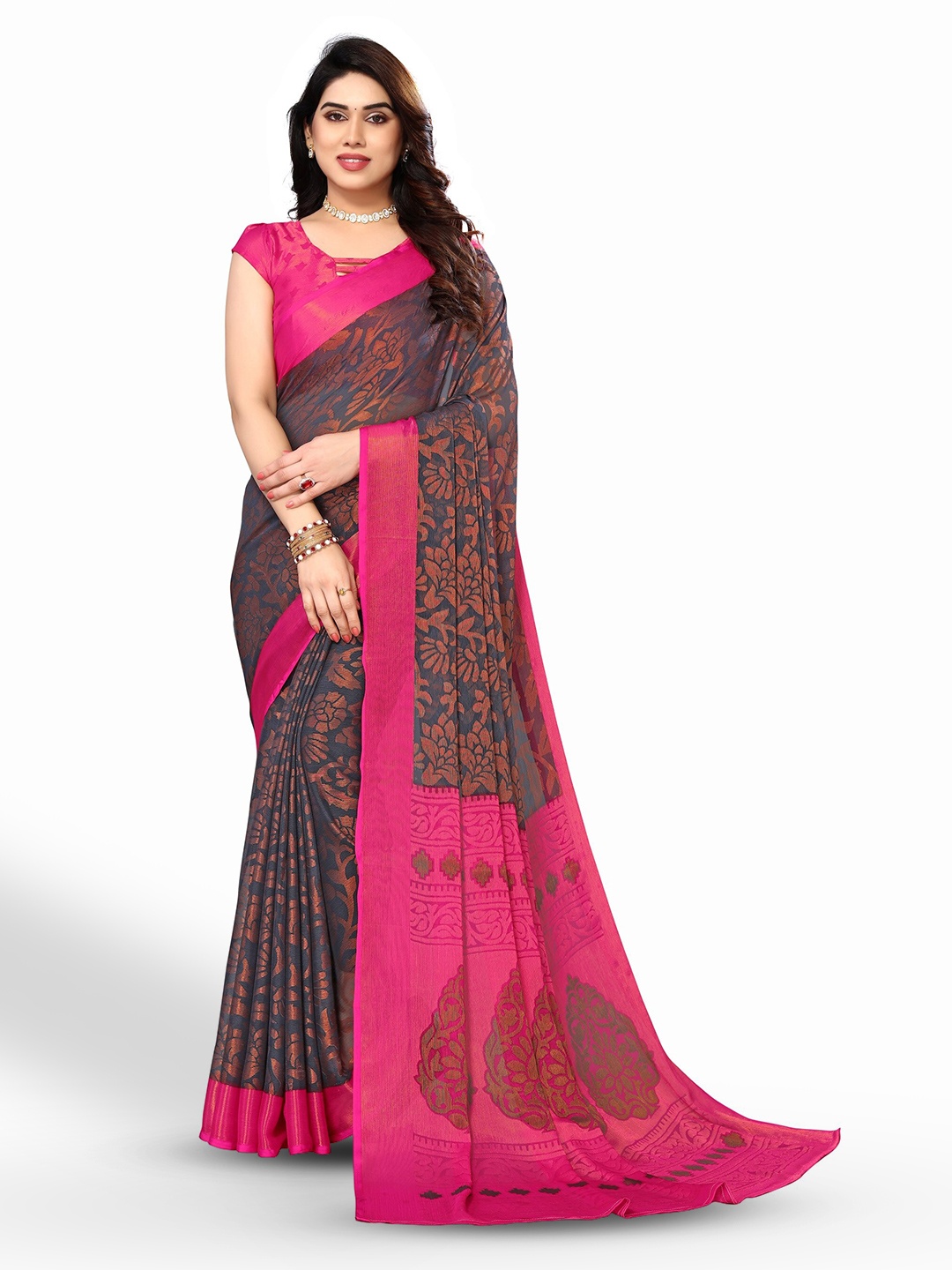 

FABMORA Floral Printed Zari Pure Chiffon Brasso Saree, Grey
