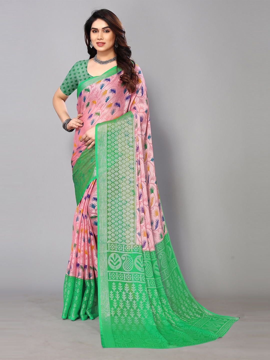 

FABMORA Ethnic Printed Zari Pure Chiffon Brasso Saree, Green