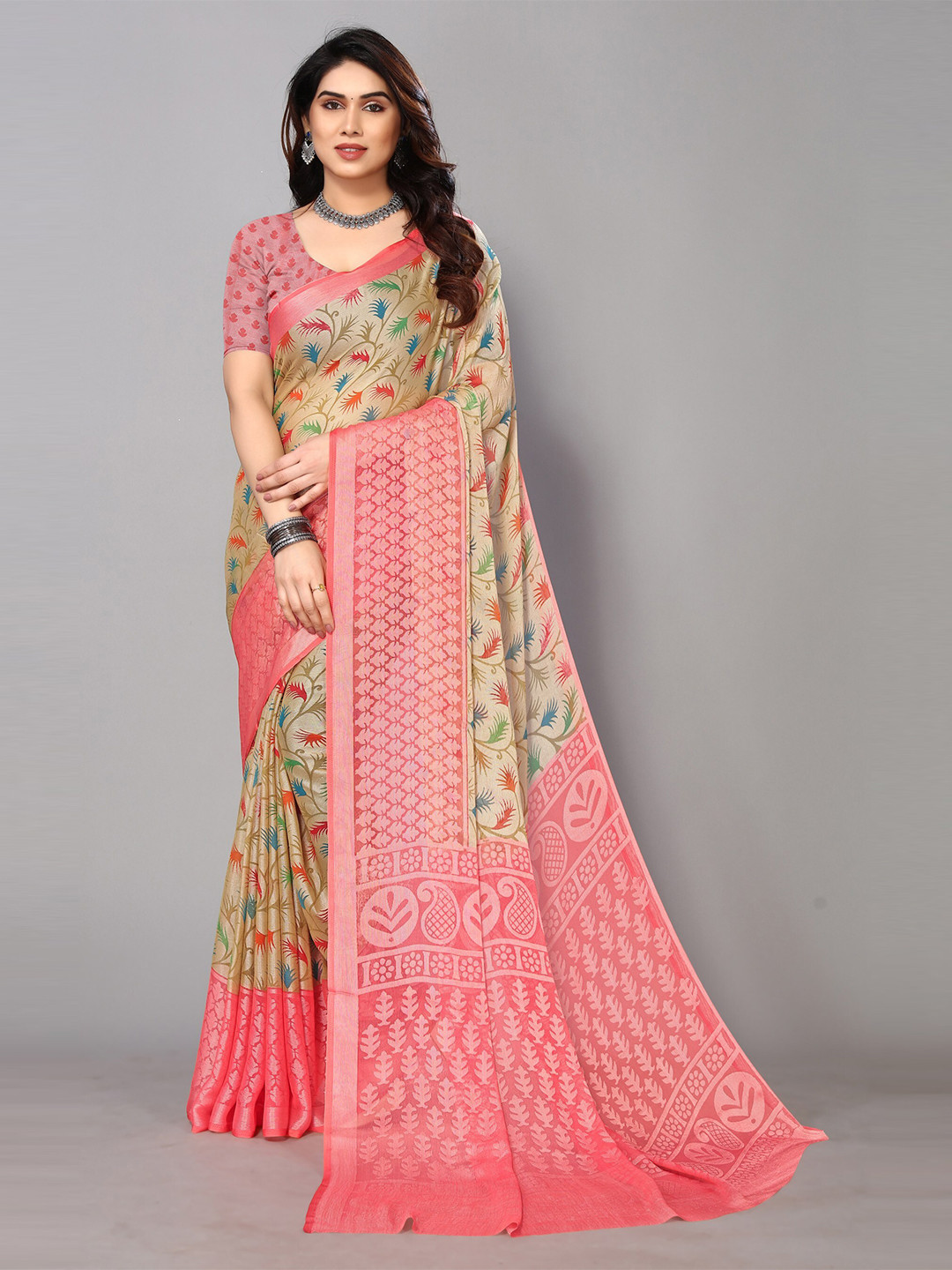 

FABMORA Floral Printed Zari Pure Chiffon Brasso Saree, Cream