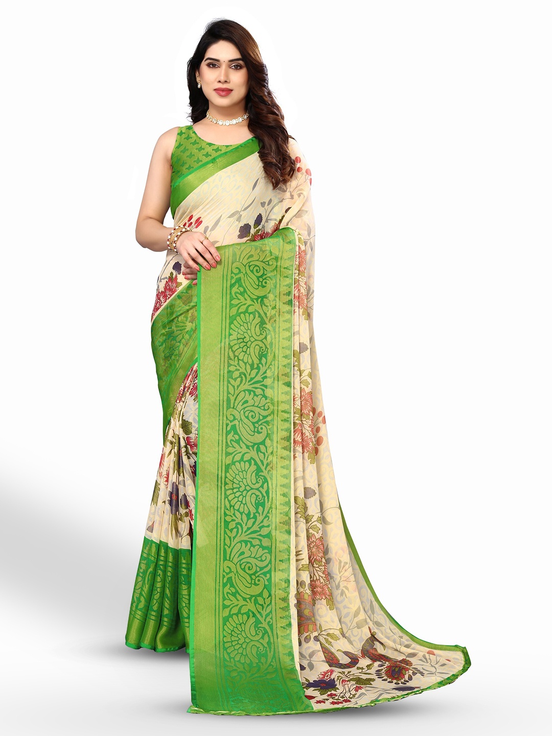 

FABMORA Floral Printed Zari Pure Chiffon Brasso Saree, Cream