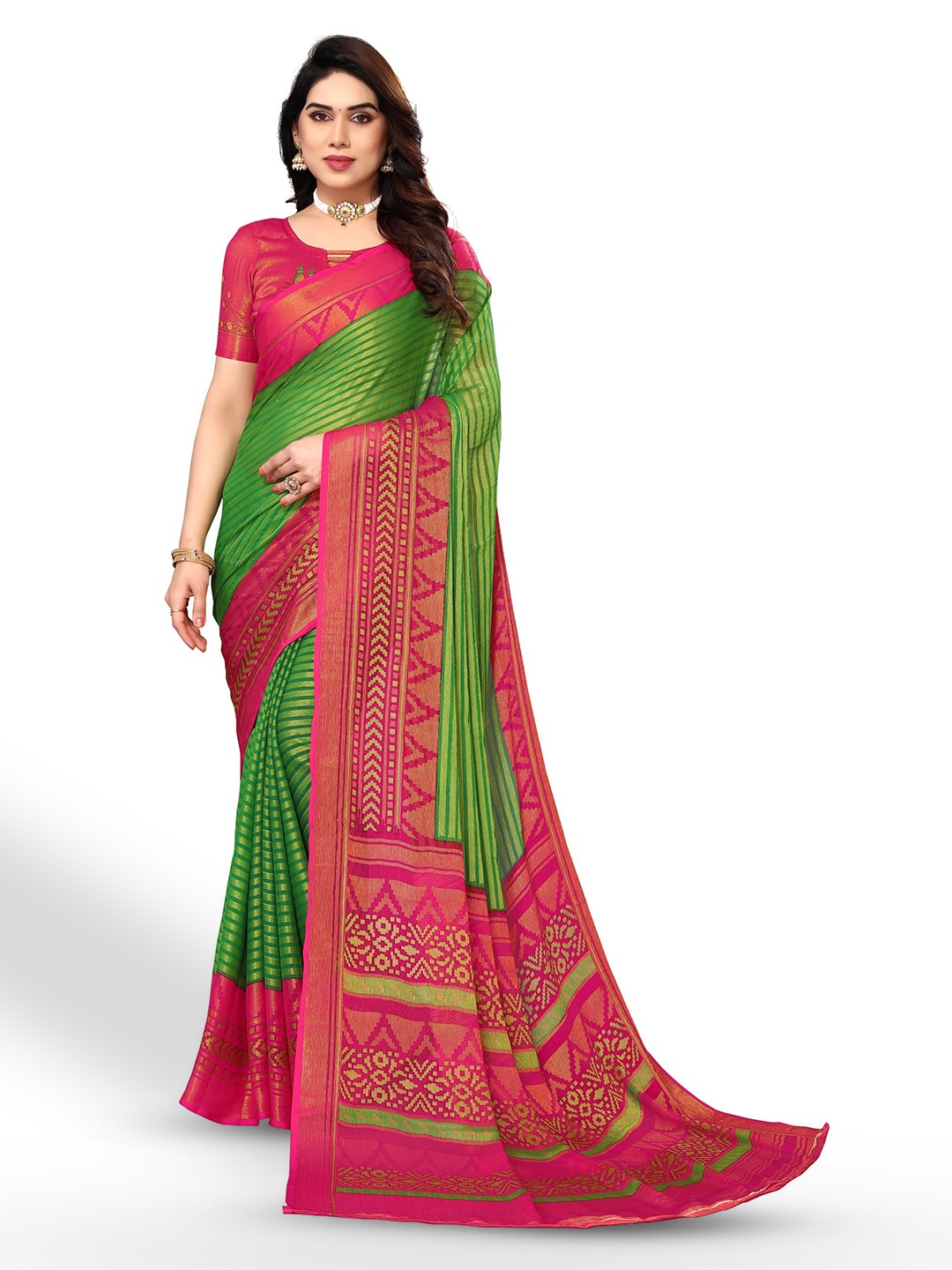

FABMORA Striped Zari Saree, Green