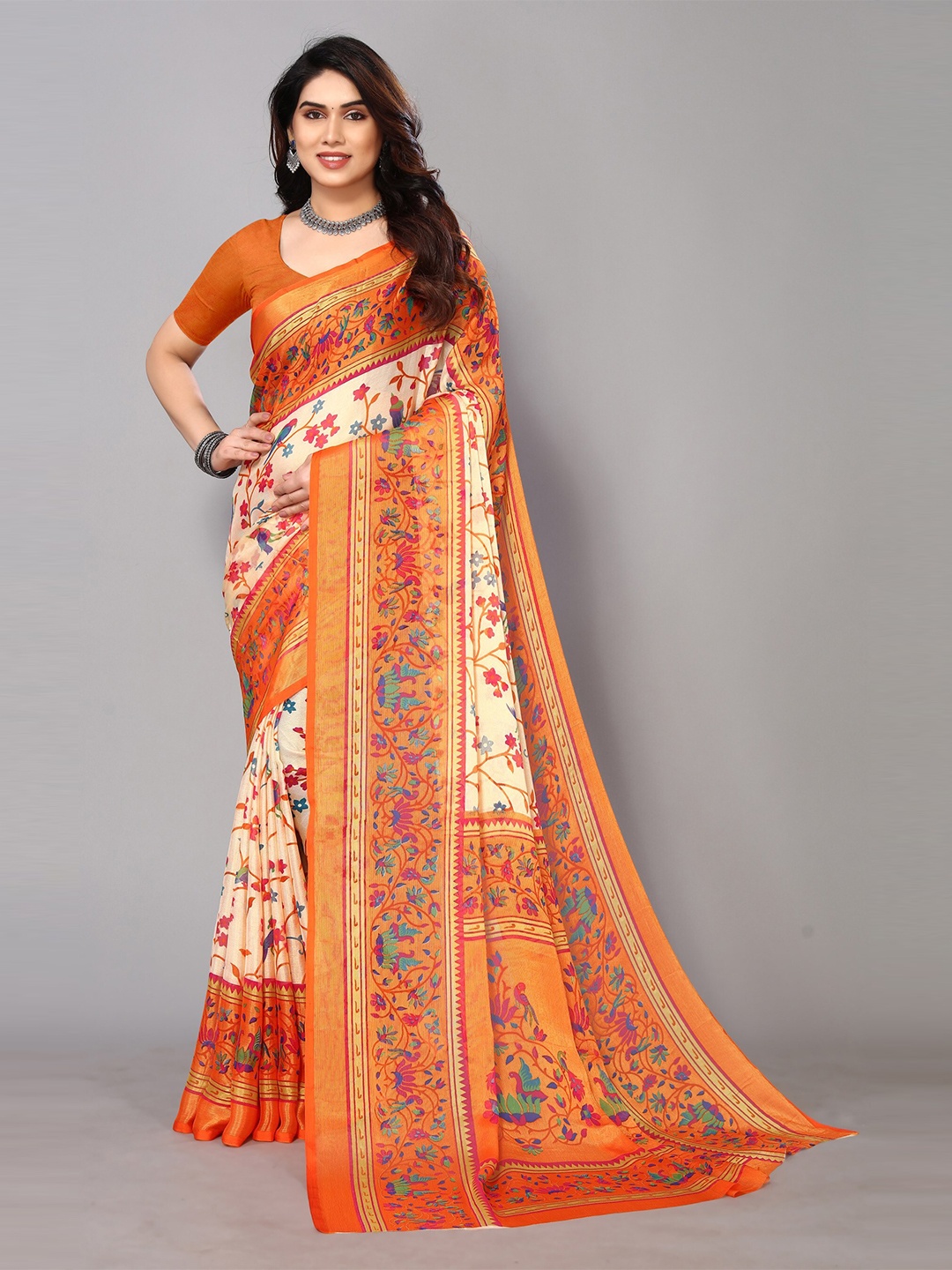 

FABMORA Floral Zari Pure Chiffon Saree, Orange