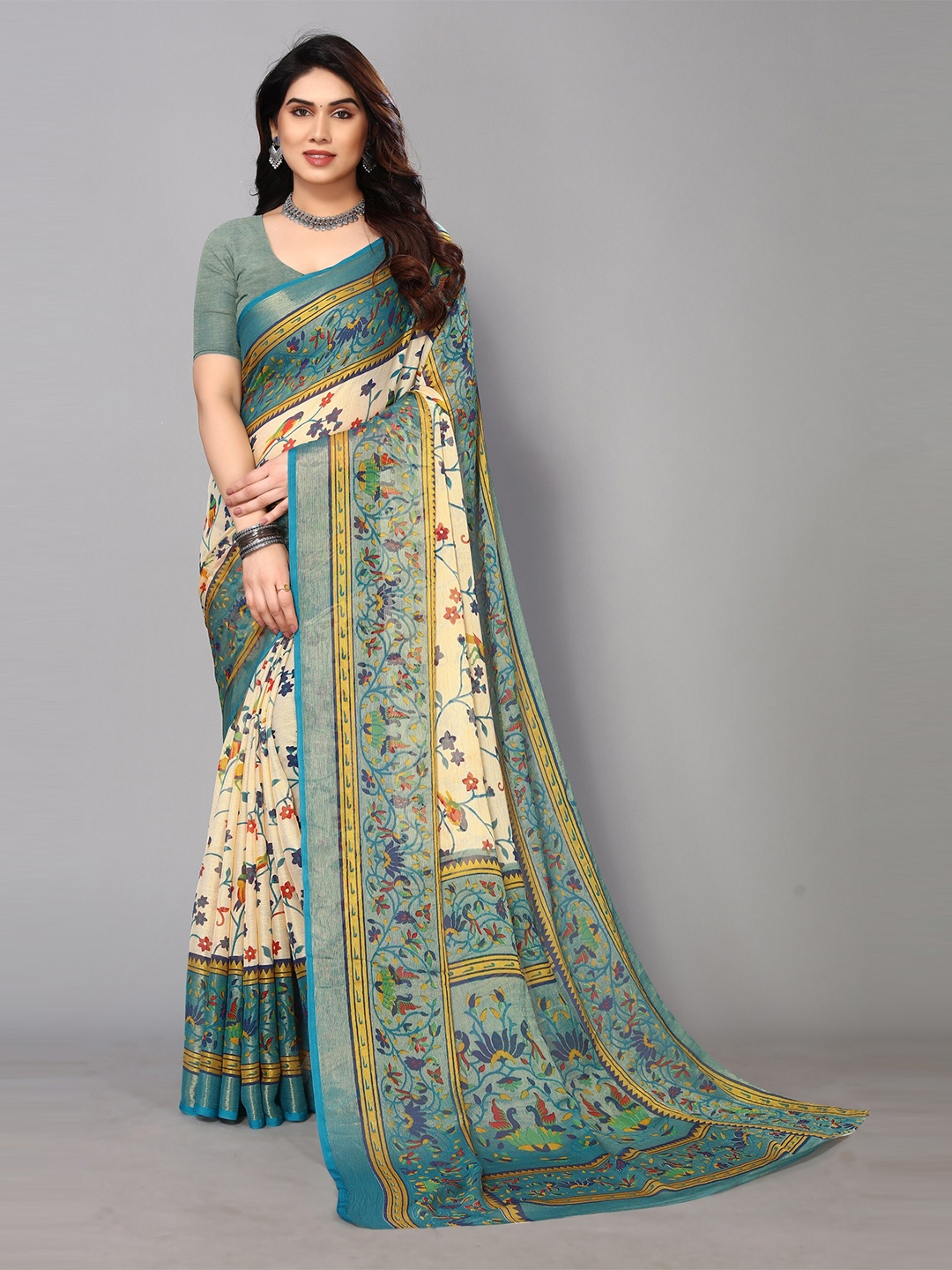 

FABMORA Floral Printed Zari Pure Chiffon Saree, Cream