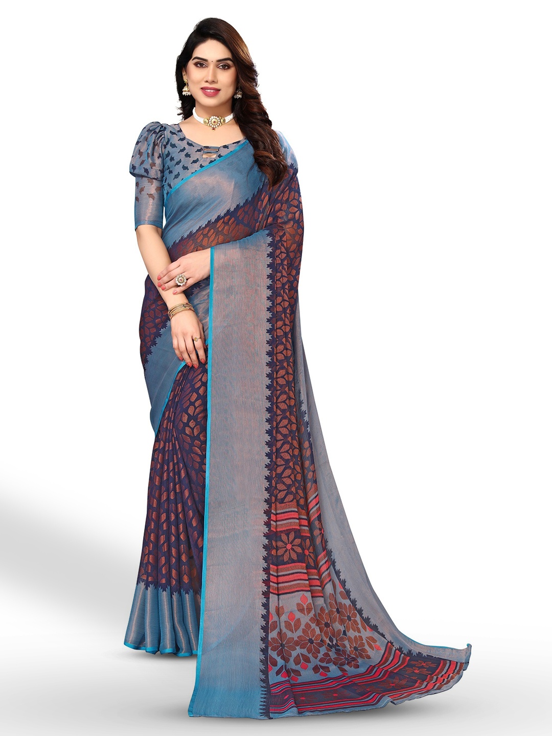 

FABMORA Floral Printed Zari Pure Chiffon Saree, Navy blue