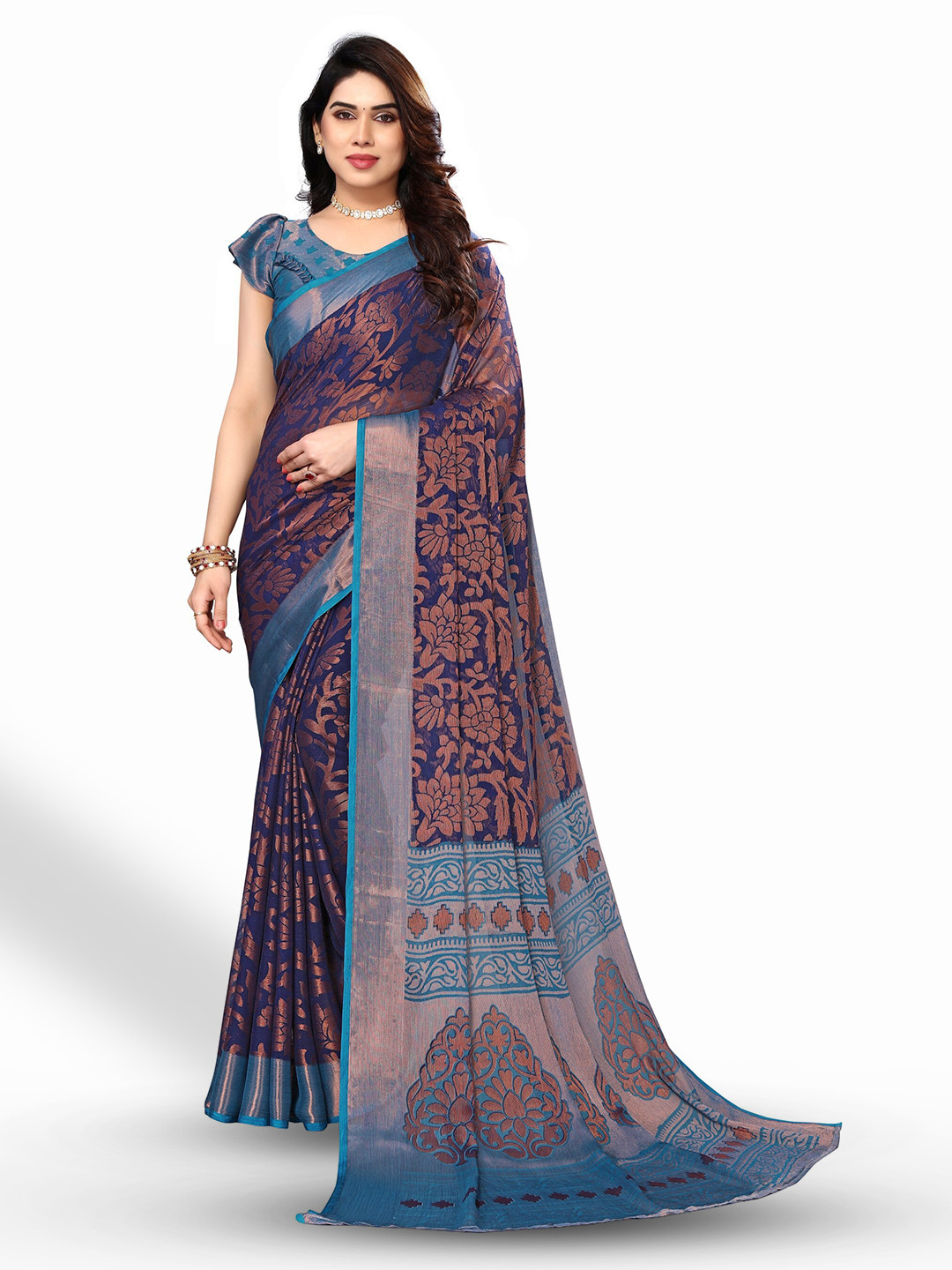 

FABMORA Floral Printed Zari Pure Chiffon Brasso Saree, Blue