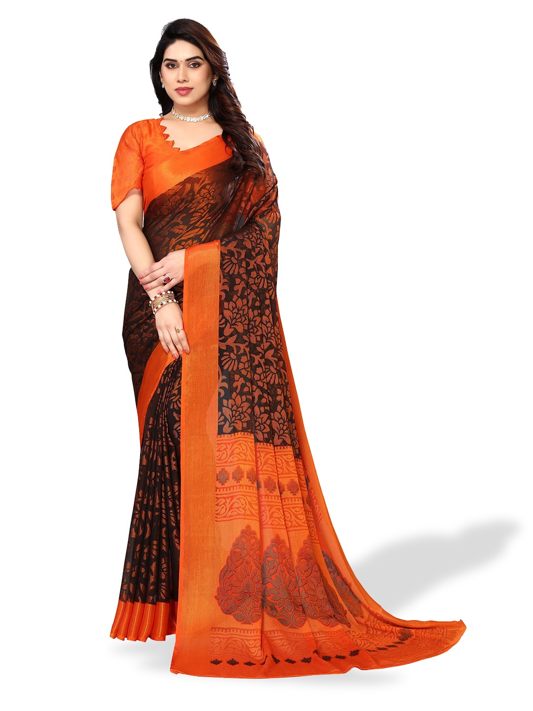 

FABMORA Floral Printed Zari Saree, Orange