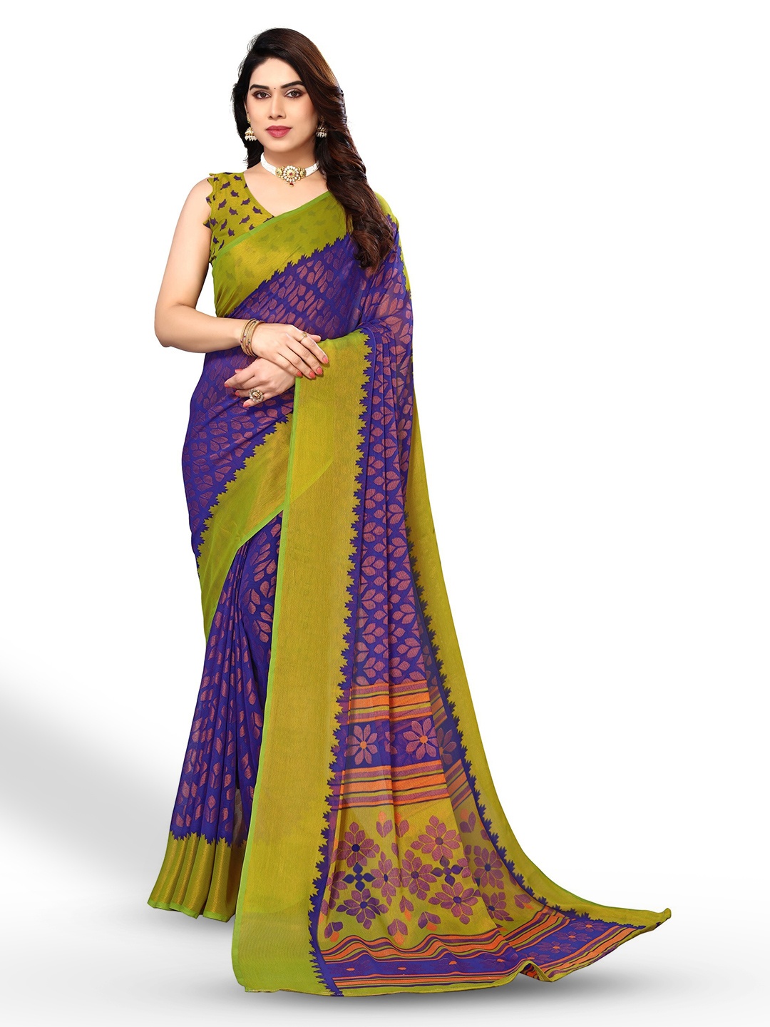 

FABMORA Floral Printed Zari Pure Chiffon Brasso Saree, Blue