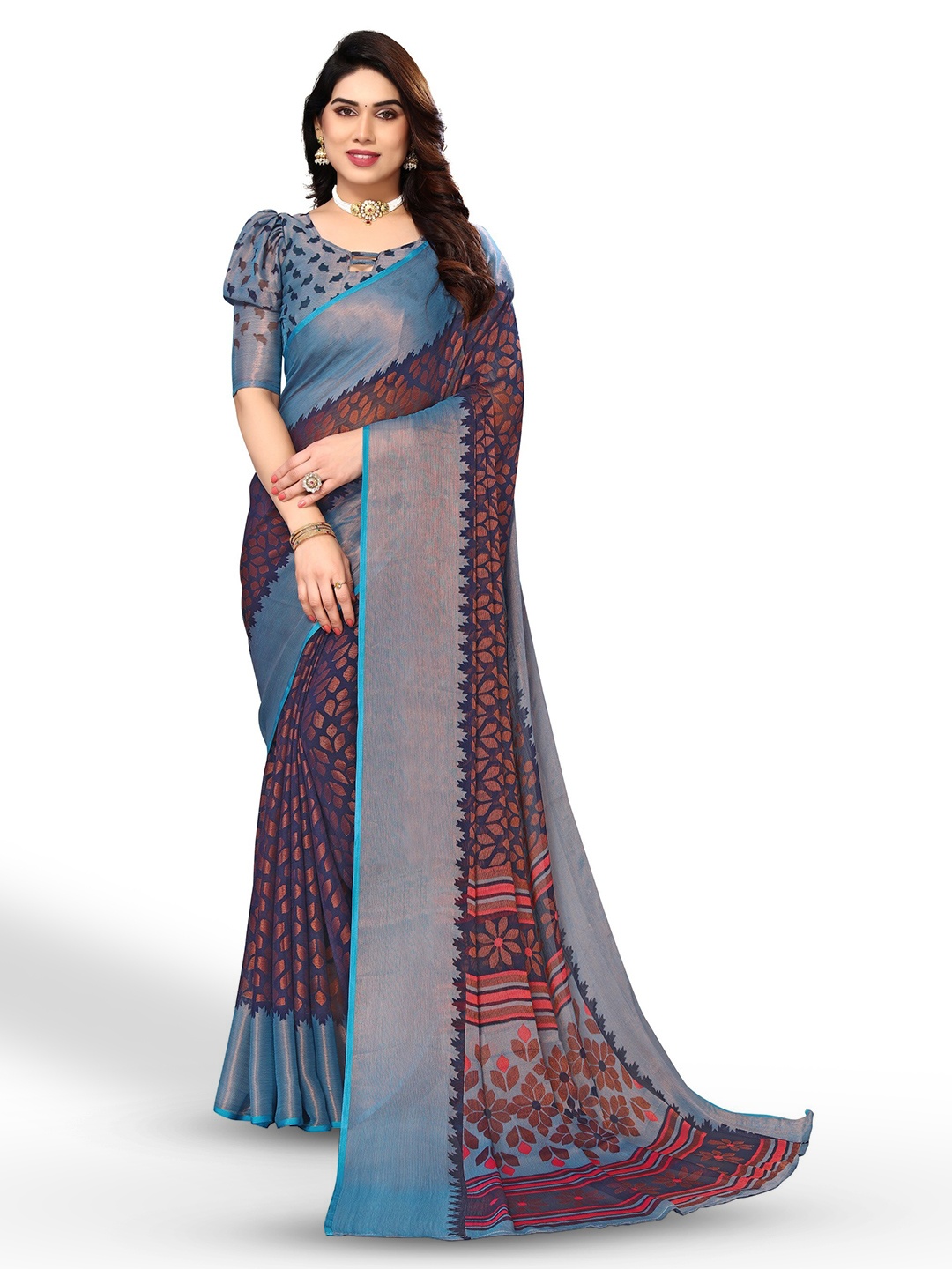 

FABMORA Floral Printed Zari Pure Chiffon Brasso Saree, Blue