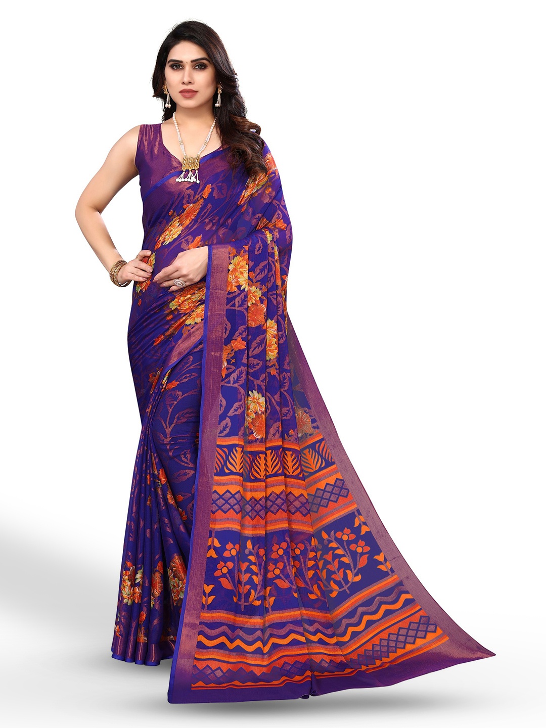 

FABMORA Floral Printed Zari Pure Chiffon Saree, Blue