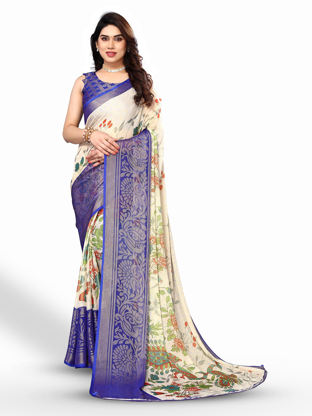 

FABMORA Floral Printed Zari Pure Chiffon Brasso Saree, Cream