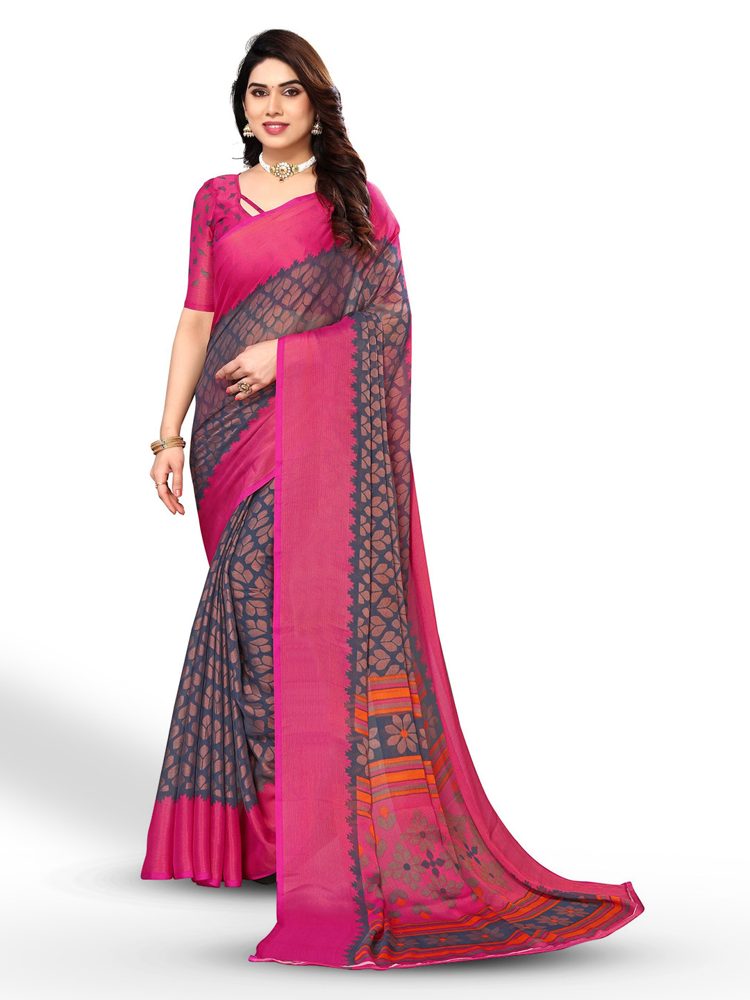 

FABMORA Floral Printed Zari Pure Chiffon Saree, Grey