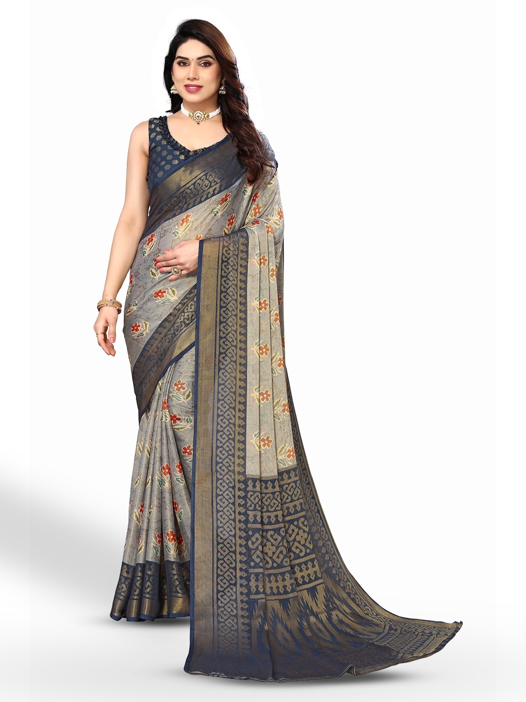 

FABMORA Floral Printed Pure Chiffon Saree, Grey