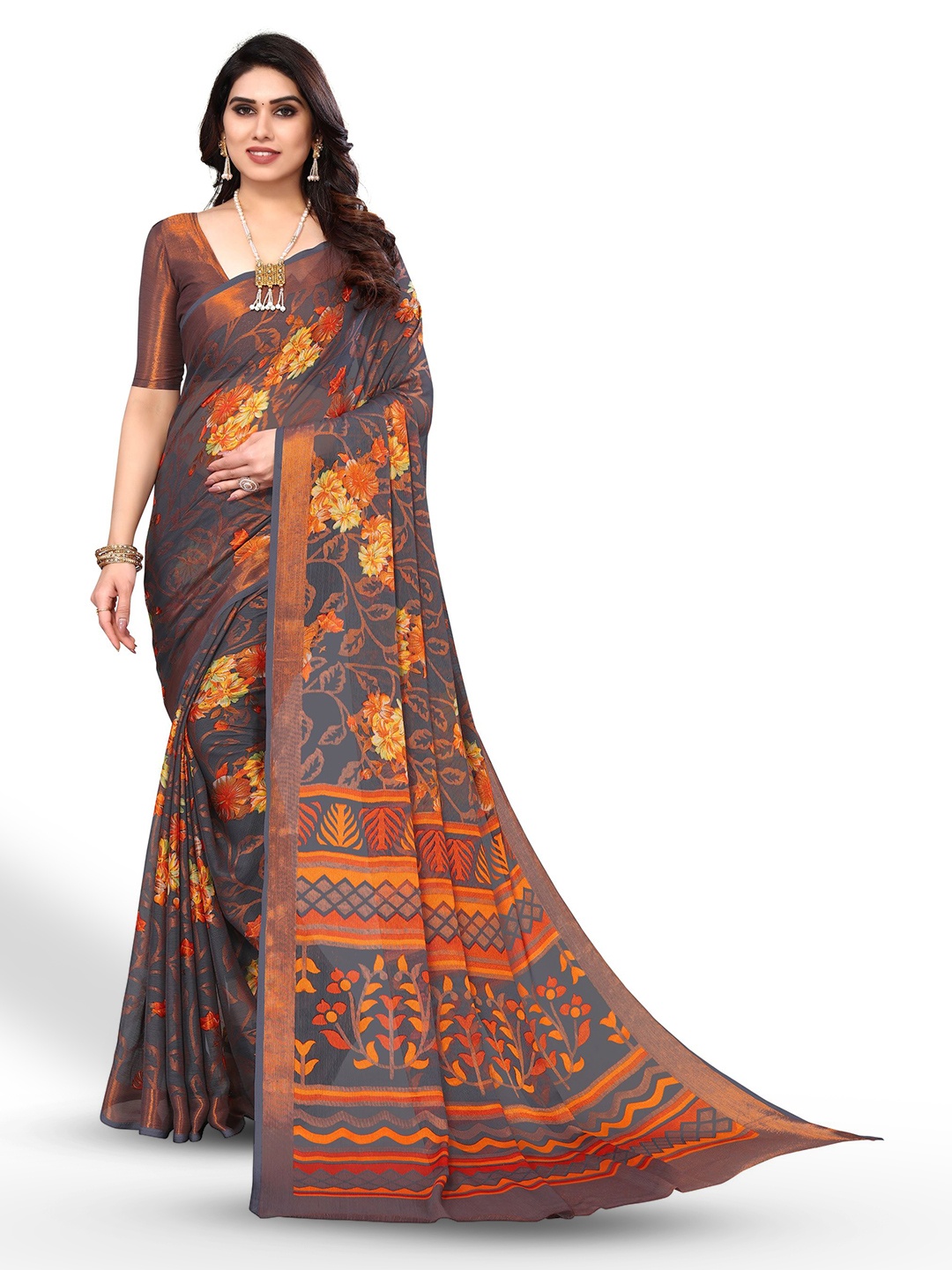 

FABMORA Floral Printed Zari Pure Chiffon Brasso Saree, Grey
