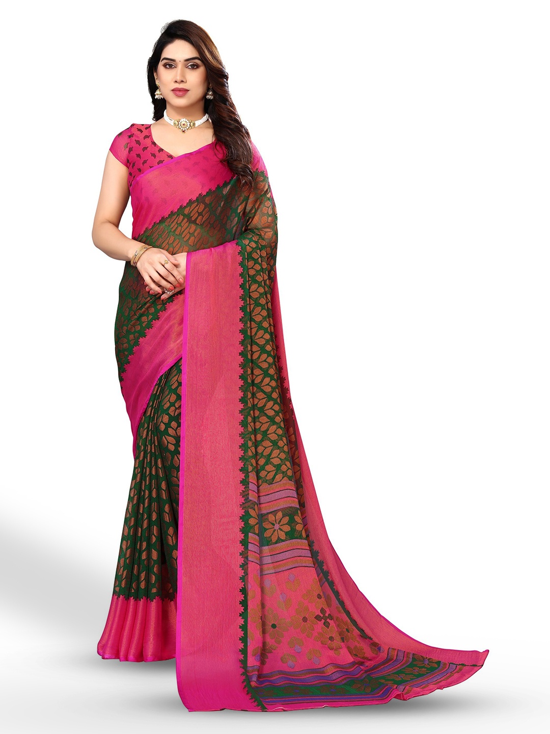 

FABMORA Floral Printed Zari Pure Chiffon Brasso Saree, Green