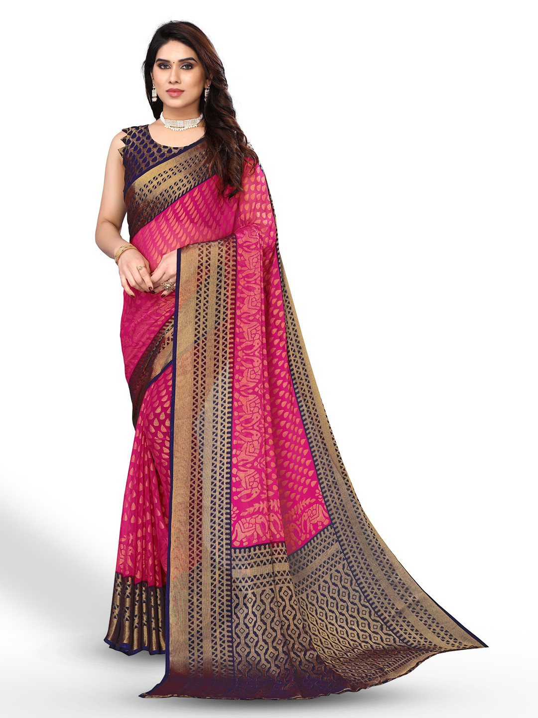 

FABMORA Ethnic Motifs Printed Pure Chiffon Saree, Pink