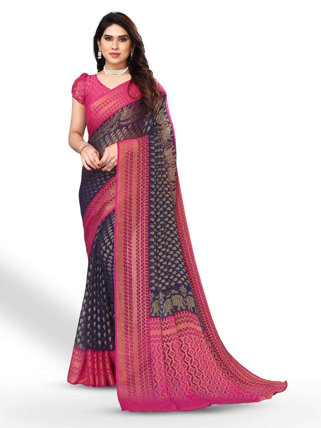 

FABMORA Ethnic Printed Zari Pure Chiffon Brasso Saree, Blue