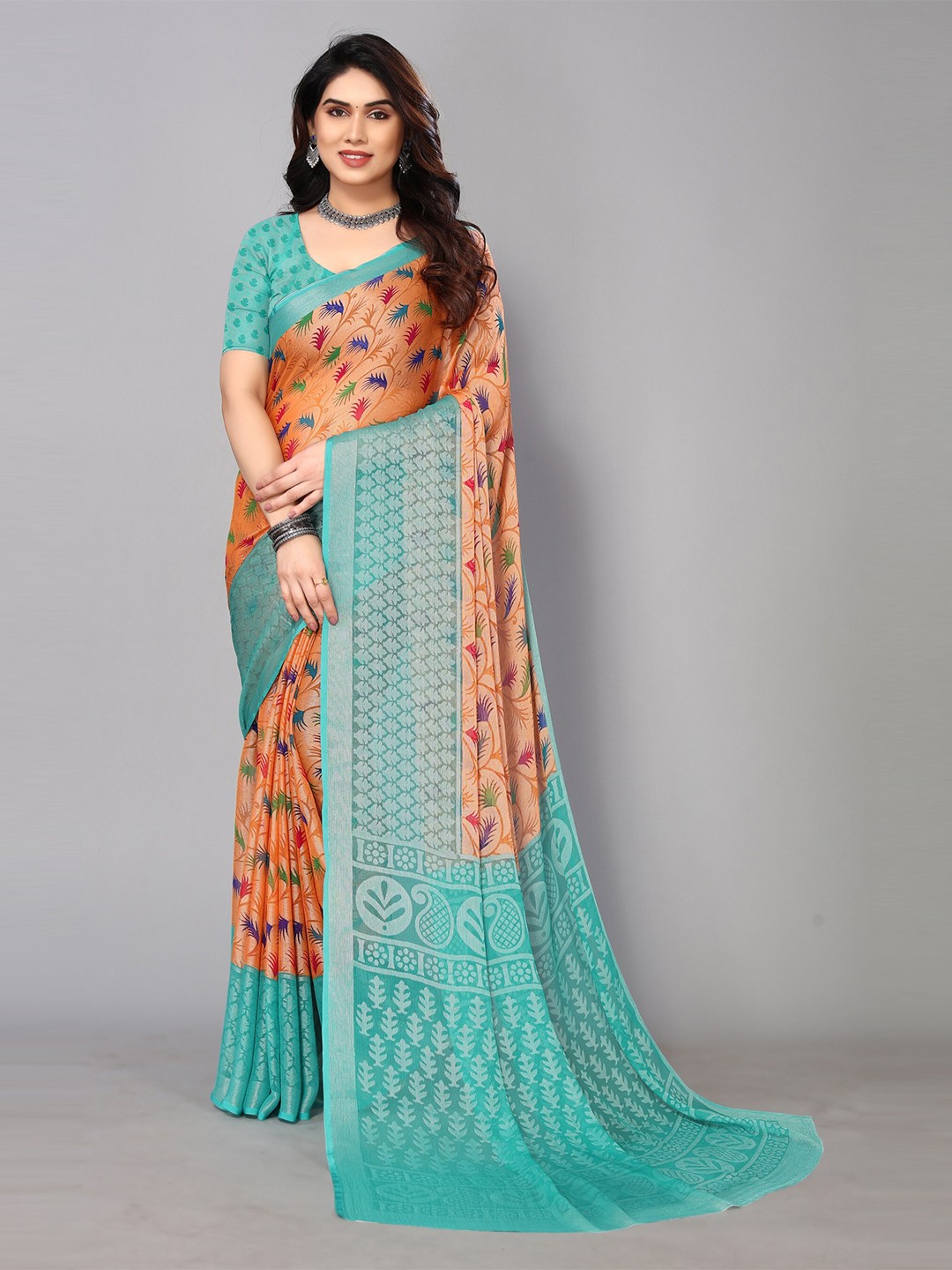 

FABMORA Printed Zari Pure Chiffon Brasso Saree, Green