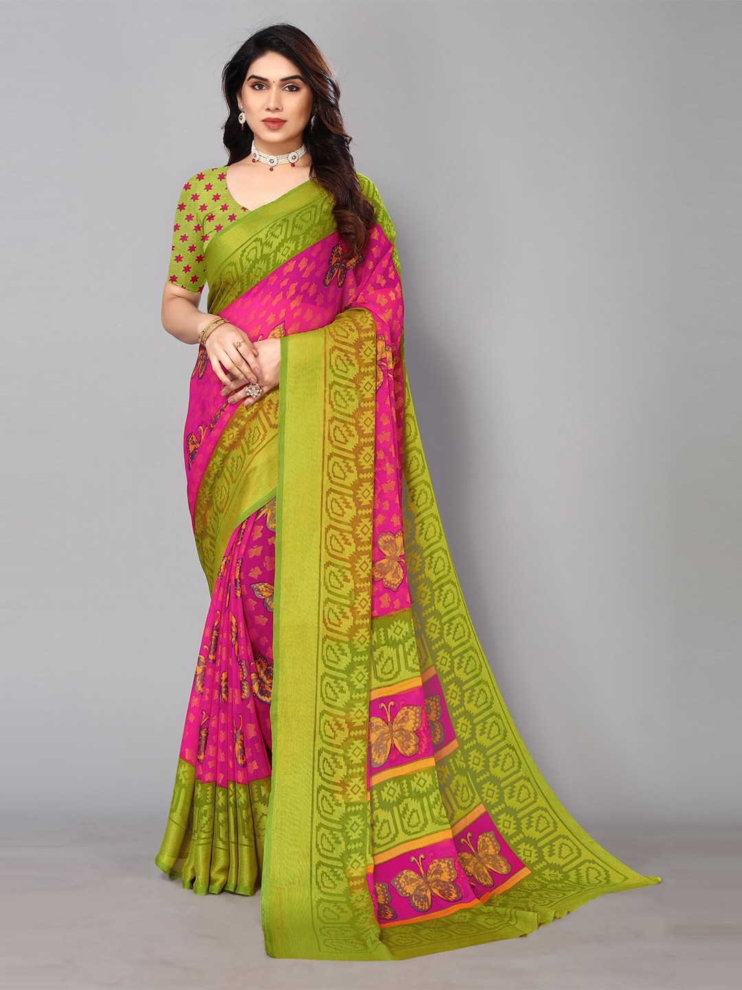 

FABMORA Ethnic Printed Pure Chiffon Brasso Saree, Pink