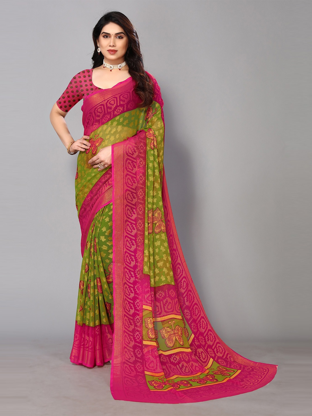 

FABMORA Ethnic Printed Zari Pure Chiffon Brasso Saree, Green