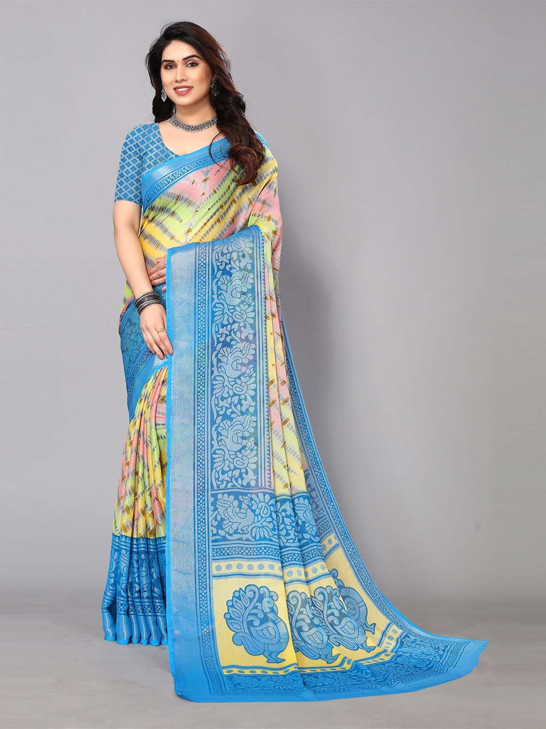 

FABMORA Printed Zari Pure Chiffon Brasso Saree, Blue
