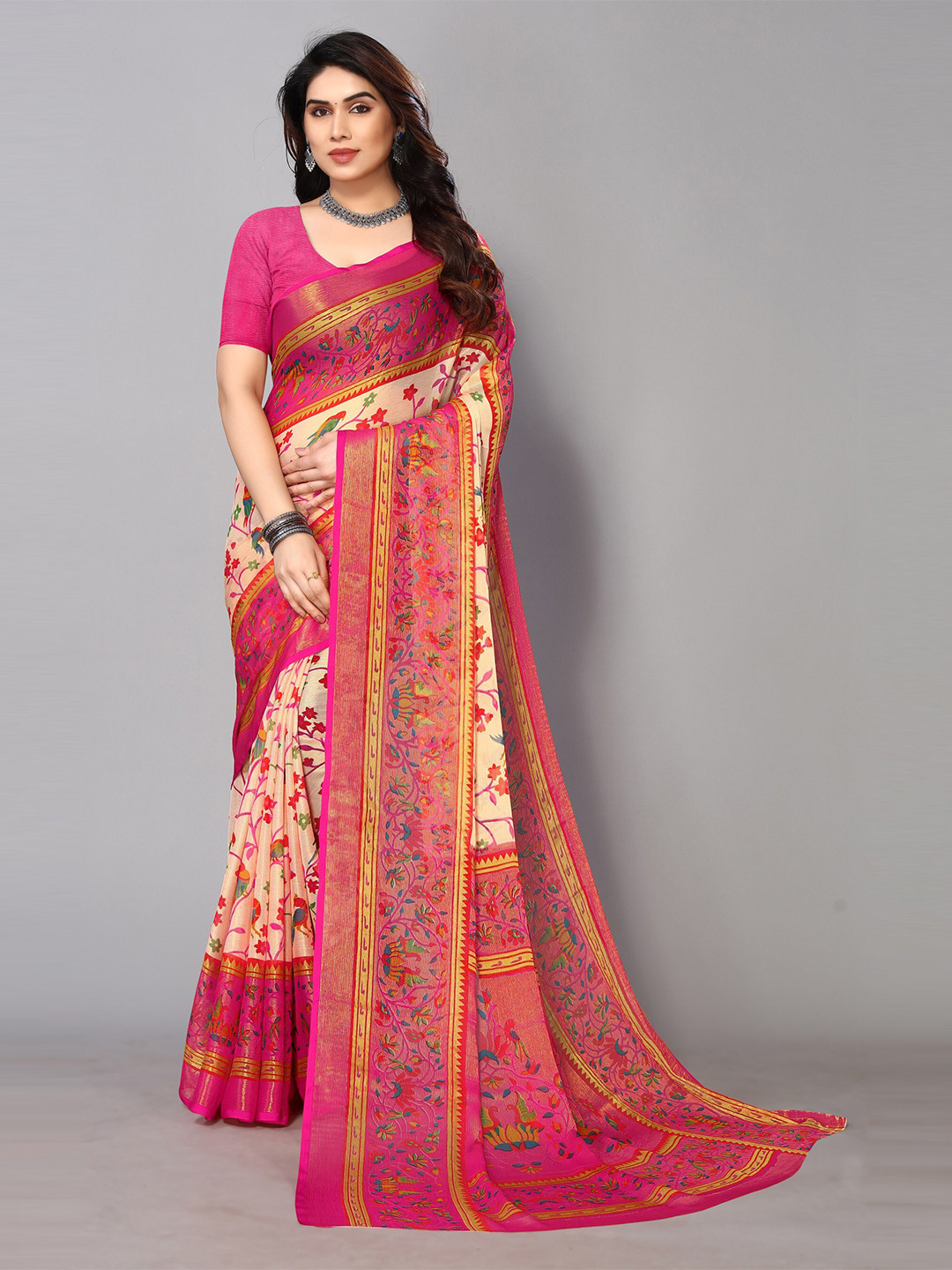 

FABMORA Floral Printed Zari Pure Chiffon Saree, Pink