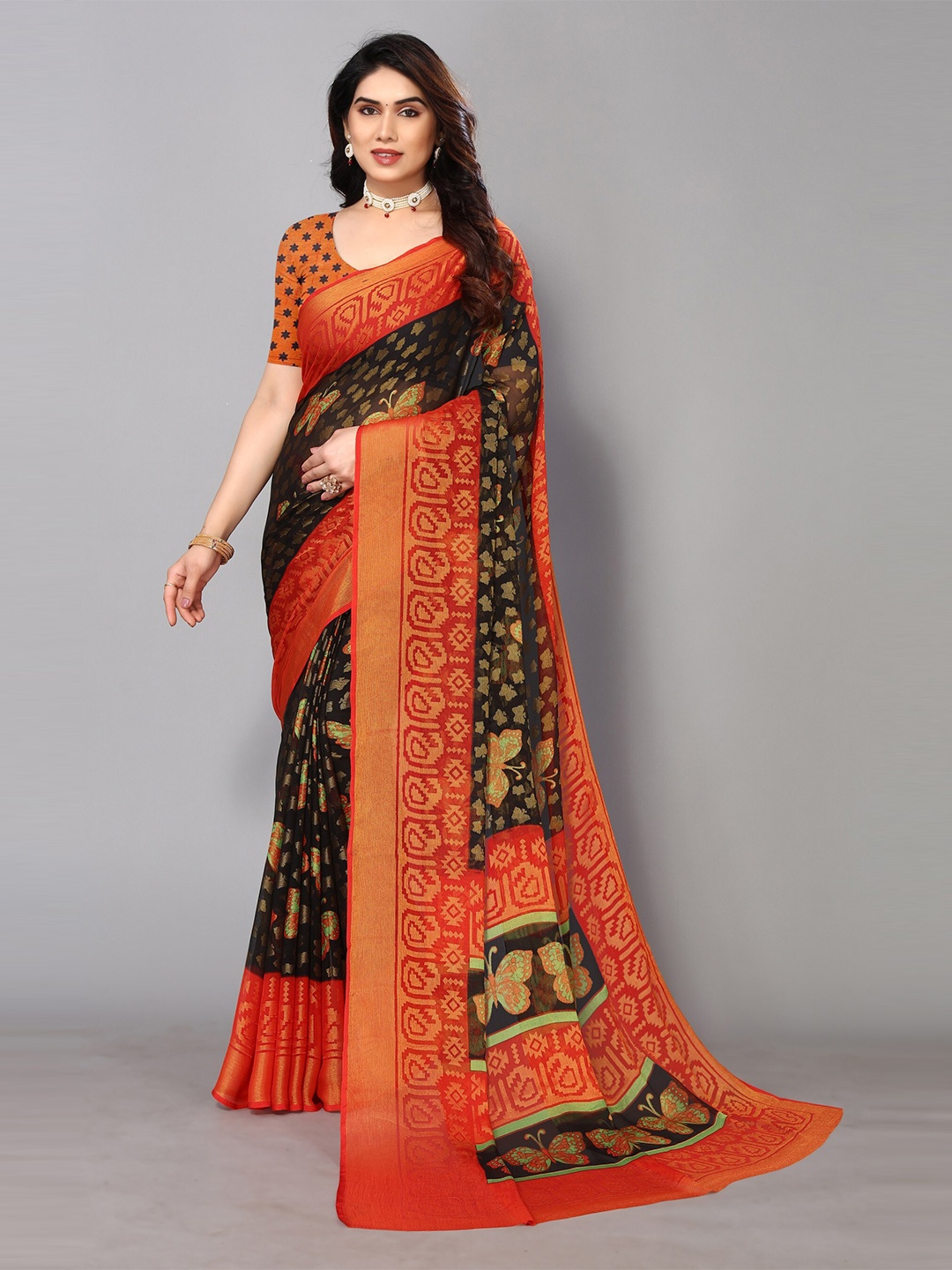 

FABMORA Ethnic Printed Zari Pure Chiffon Brasso Saree, Black
