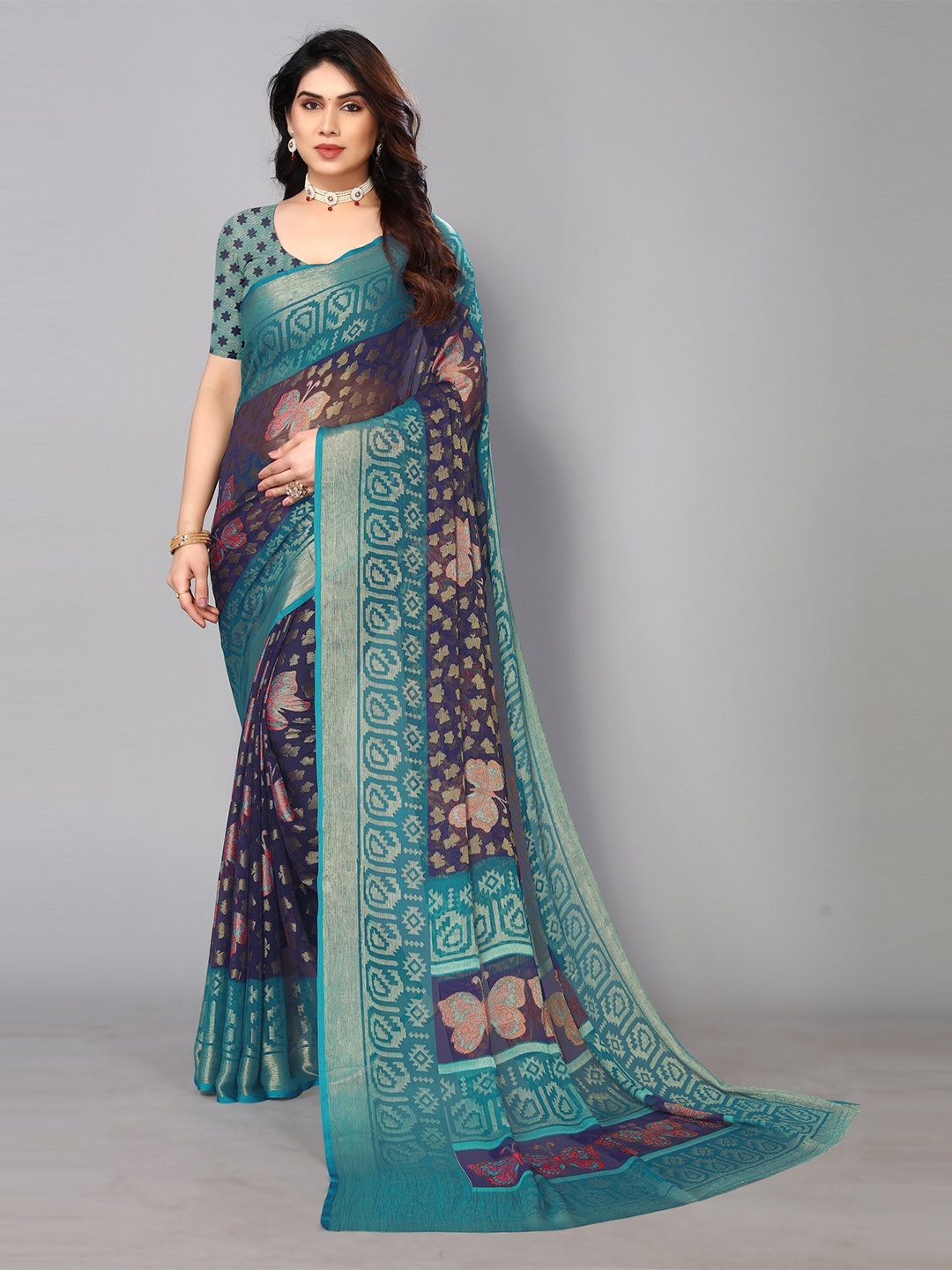 

FABMORA Ethnic Printed Zari Pure Chiffon Brasso Saree, Blue