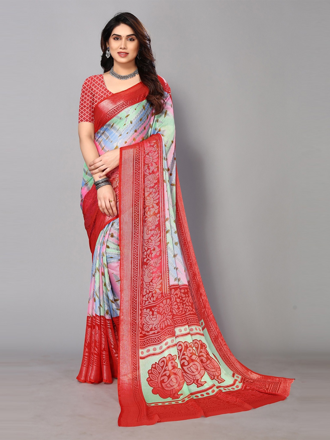 

FABMORA Printed Zari Pure Chiffon Brasso Saree, Red