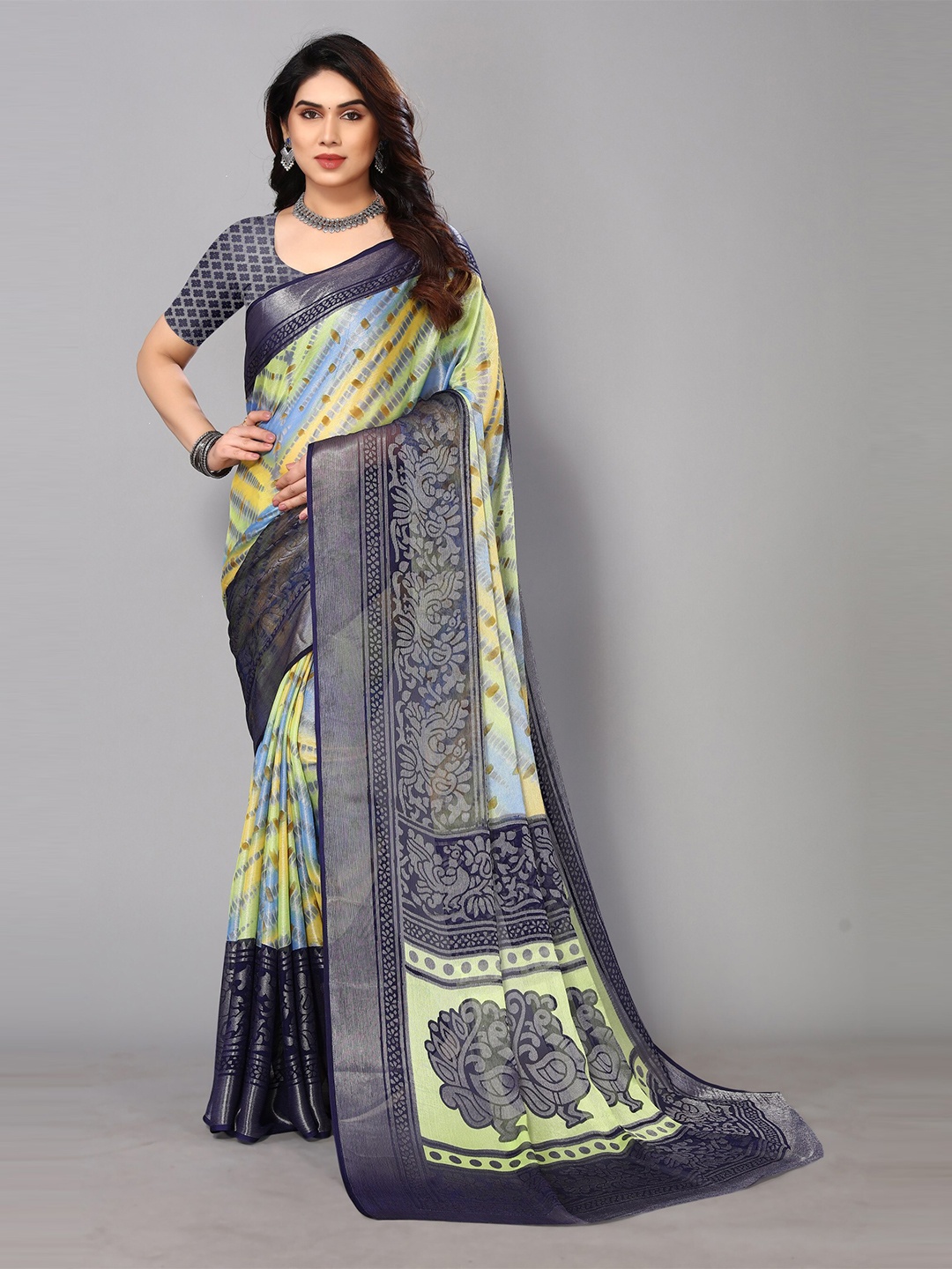 

FABMORA Printed Zari Pure Chiffon Brasso Saree, Blue