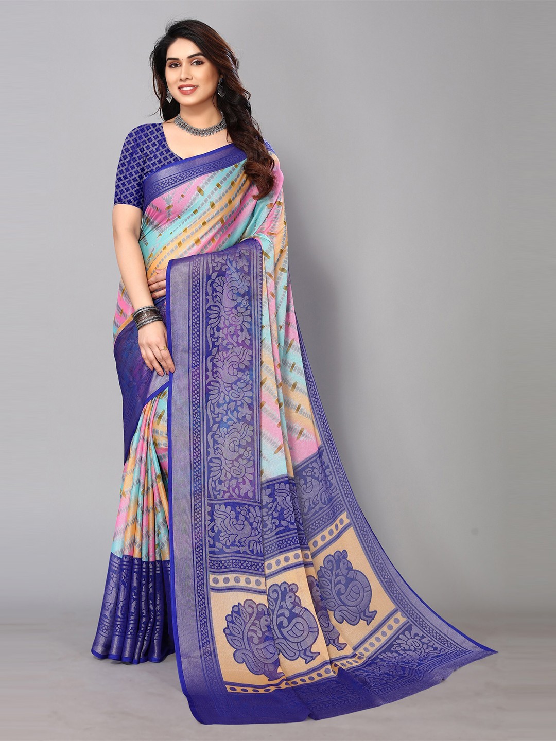 

FABMORA Abstract Printed Zari Pure Chiffon Brasso Saree, Blue