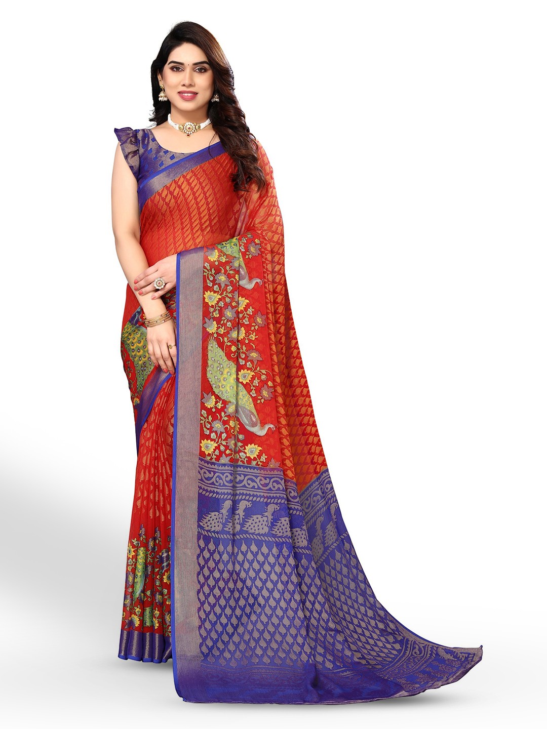 

FABMORA Ethnic Motifs Printed Pure Chiffon Saree, Red