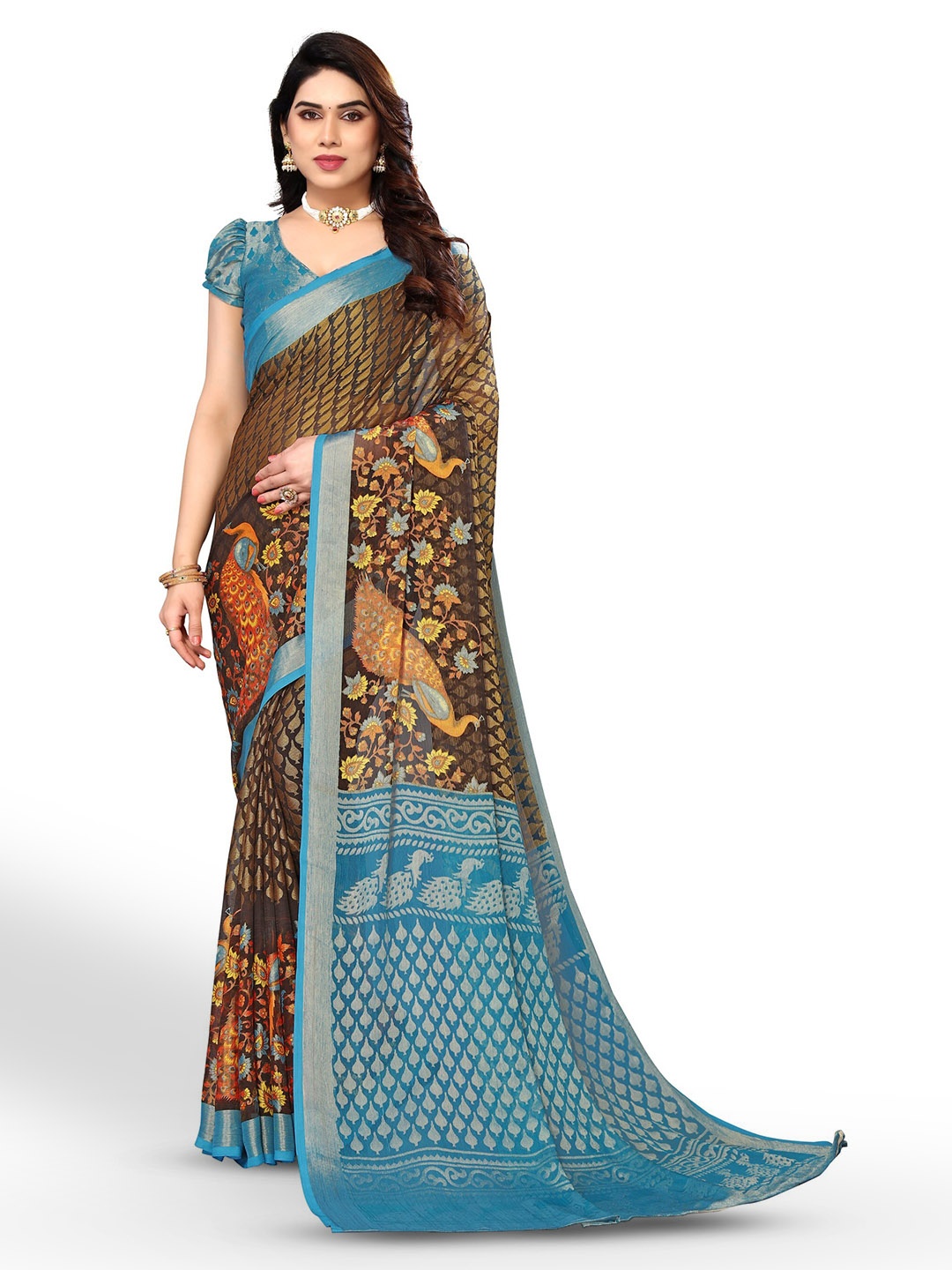 

FABMORA Ethnic Motifs Printed Zari Pure Chiffon Saree, Brown