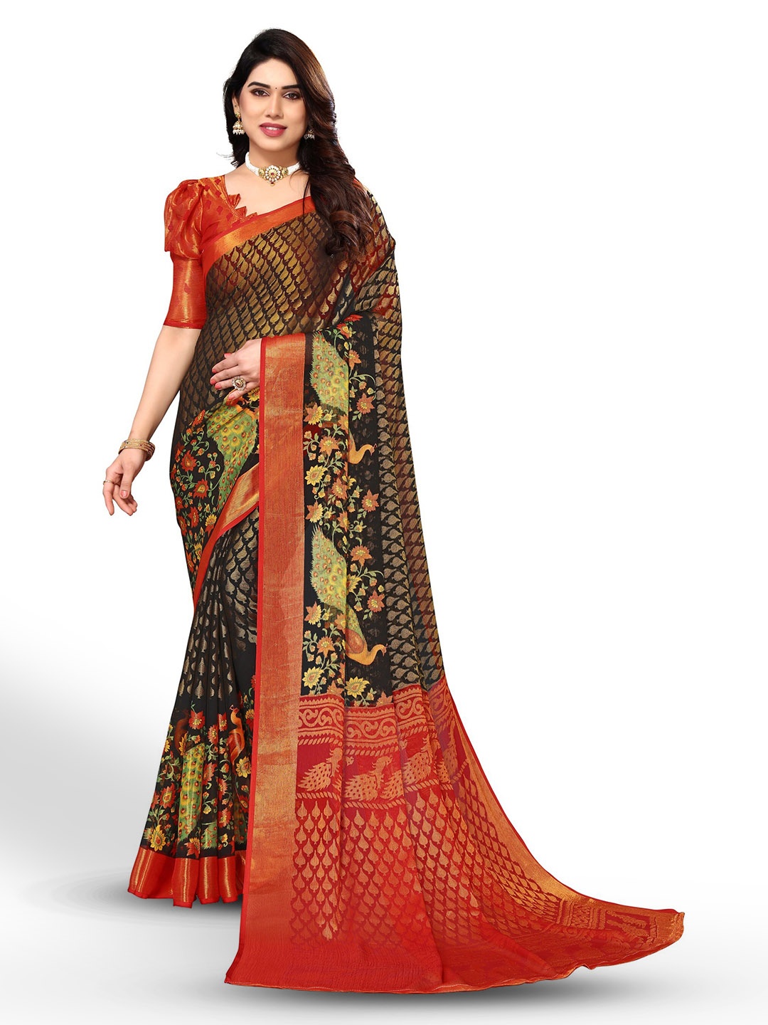 

FABMORA Ethnic Printed Zari Pure Chiffon Brasso Saree, Black