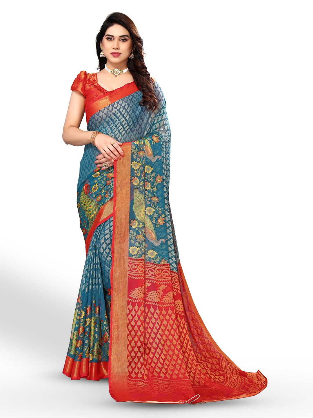 

FABMORA Ethnic Motifs Printed Zari Pure Chiffon Saree, Blue