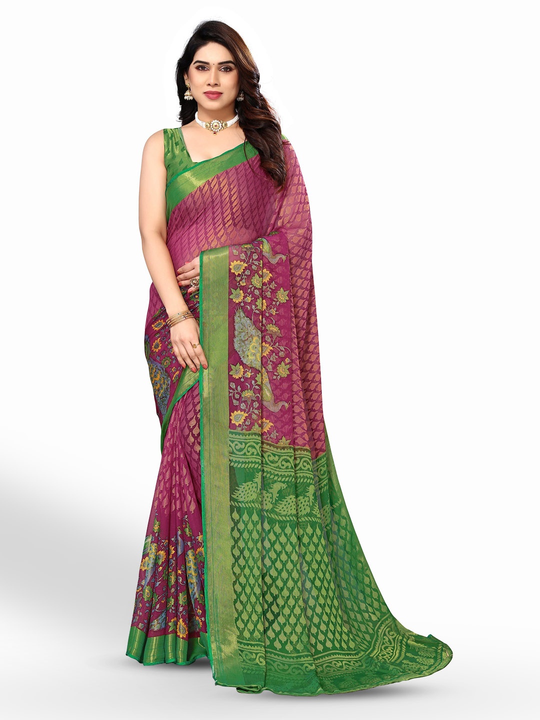 

FABMORA Ethnic Printed Zari Pure Chiffon Brasso Saree, Purple