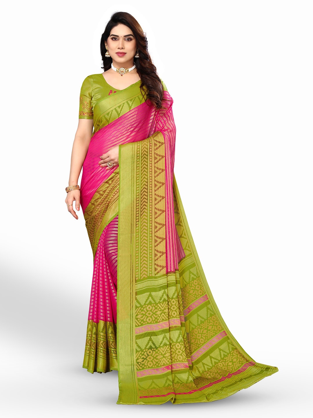 

FABMORA Striped Zari Pure Chiffon Brasso Saree, Pink