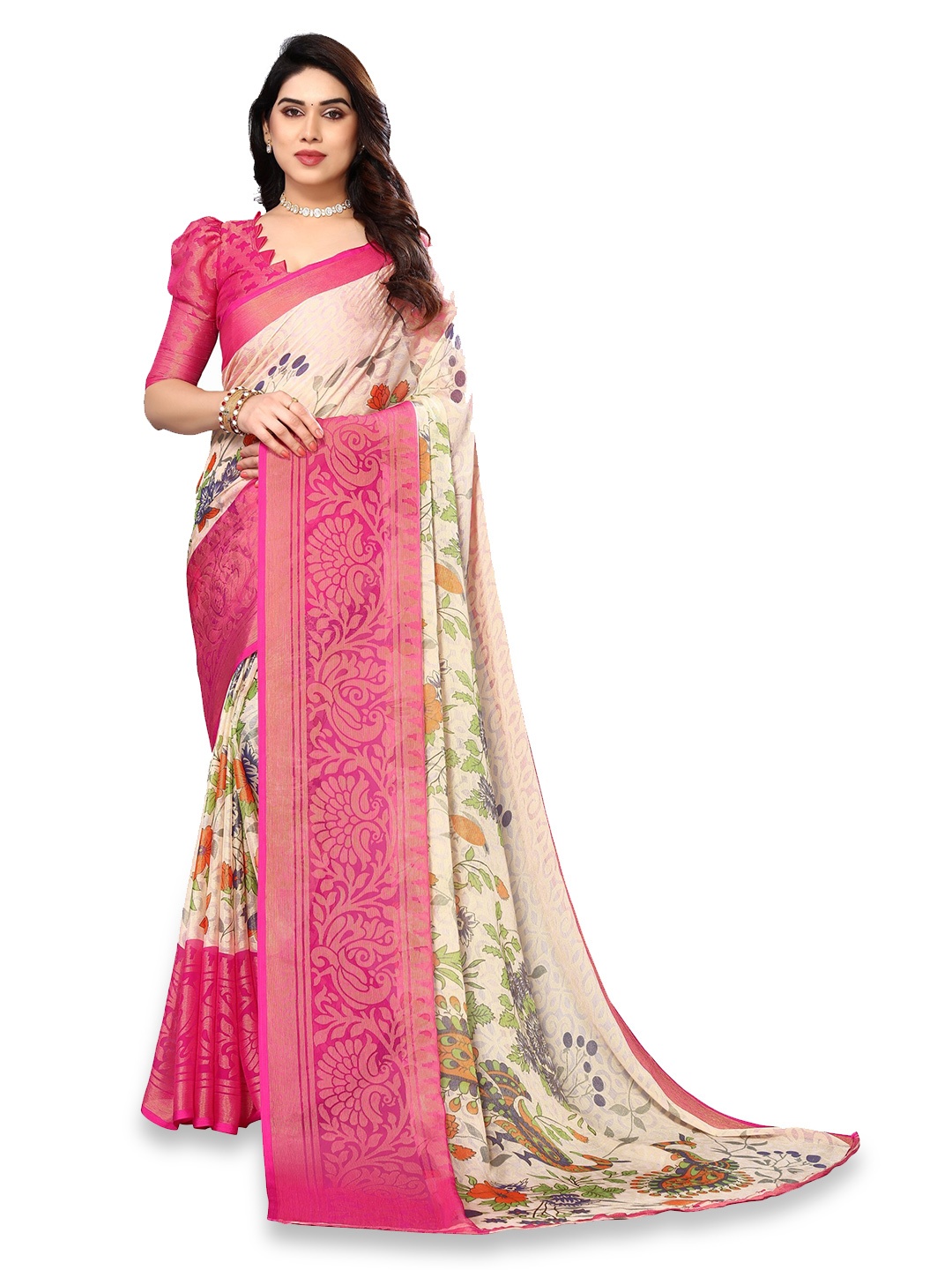 

FABMORA Floral Printed Zari Pure Chiffon Brasso Saree, Beige