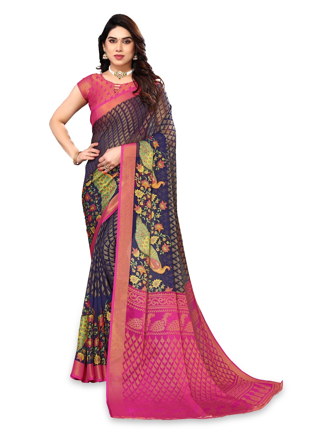 

FABMORA Ethnic Motifs Printed Zari Pure Chiffon Saree, Navy blue