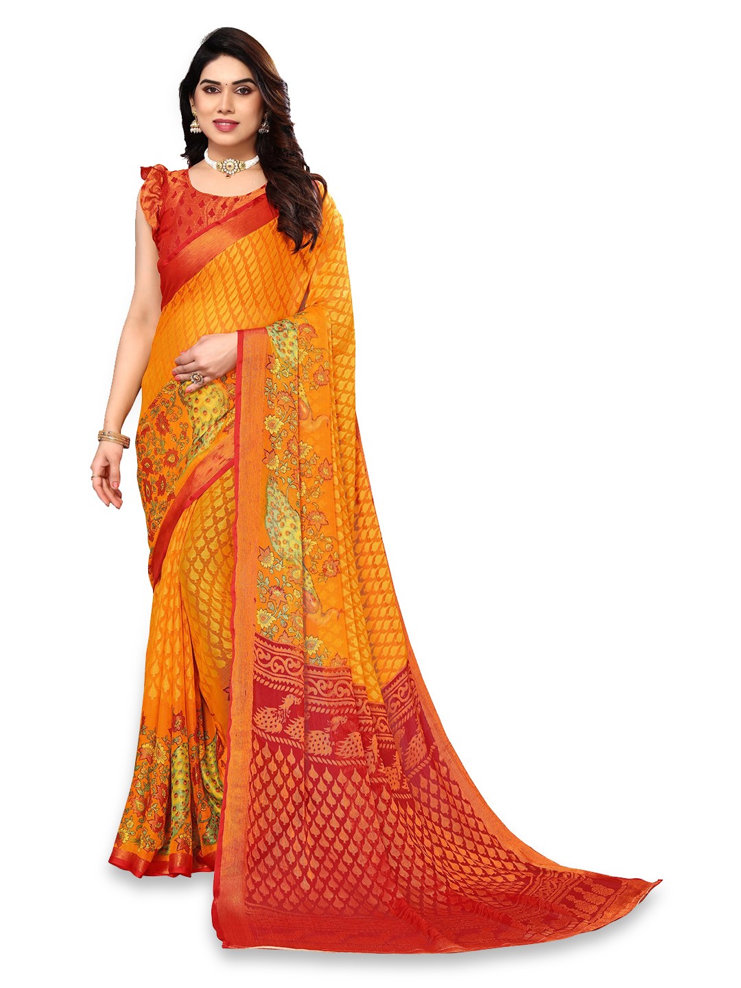 

FABMORA Ethnic Printed Zari Pure Chiffon Brasso Saree, Yellow