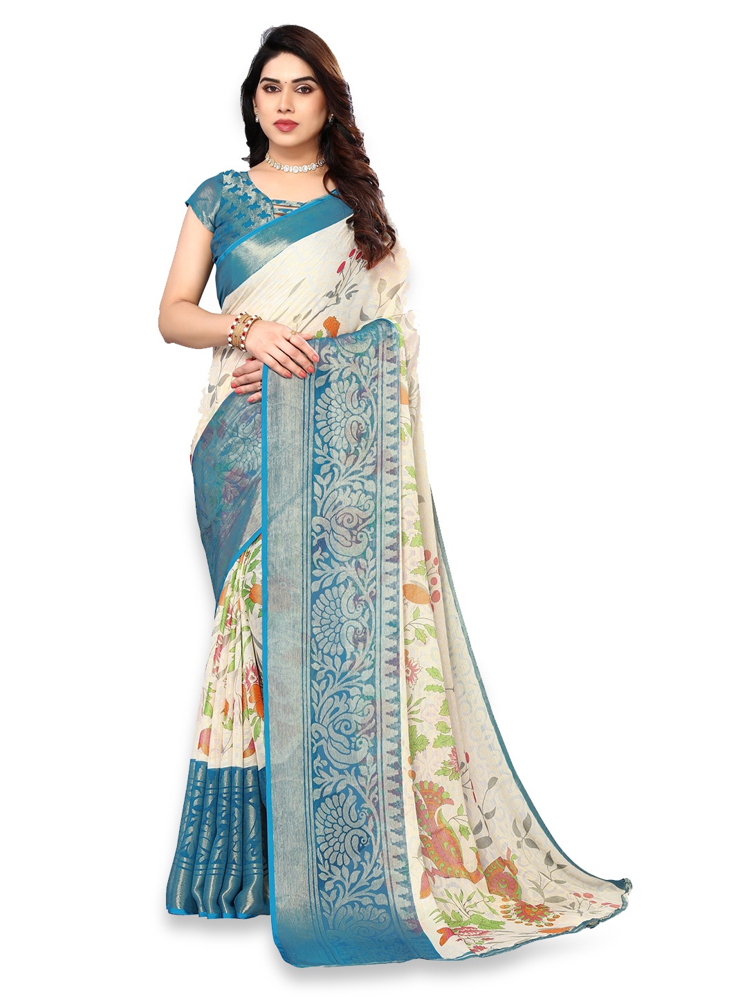 

FABMORA Floral Printed Zari Pure Chiffon Brasso Saree, Beige