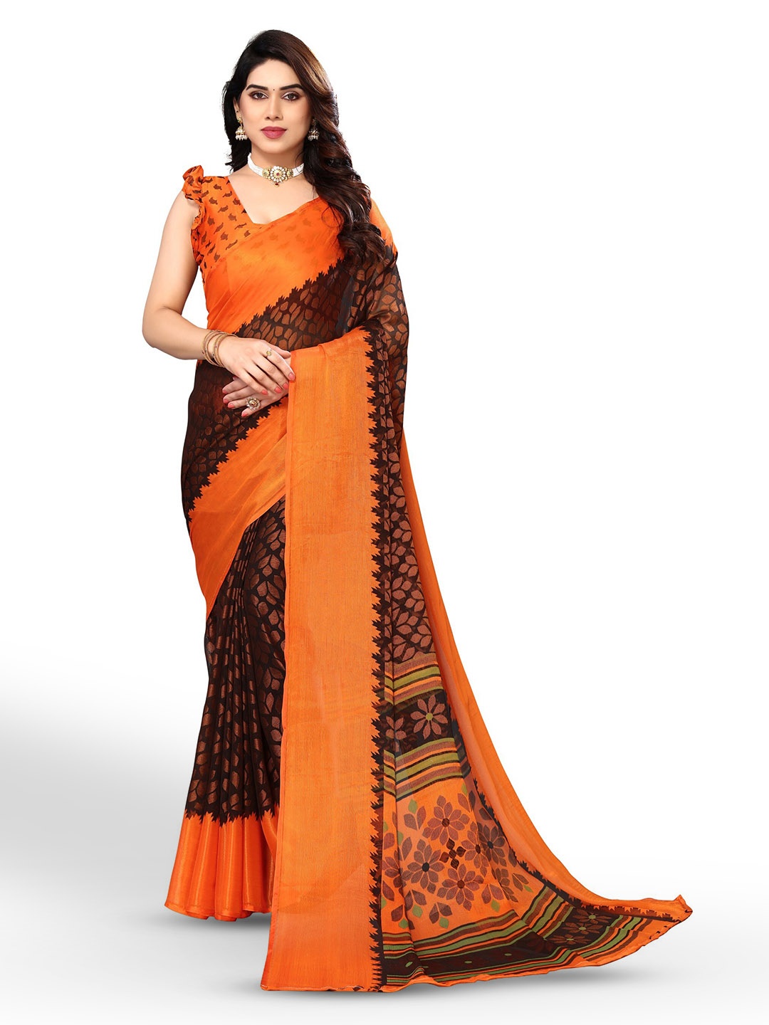 

FABMORA Floral Printed Zari Pure Chiffon Saree, Brown