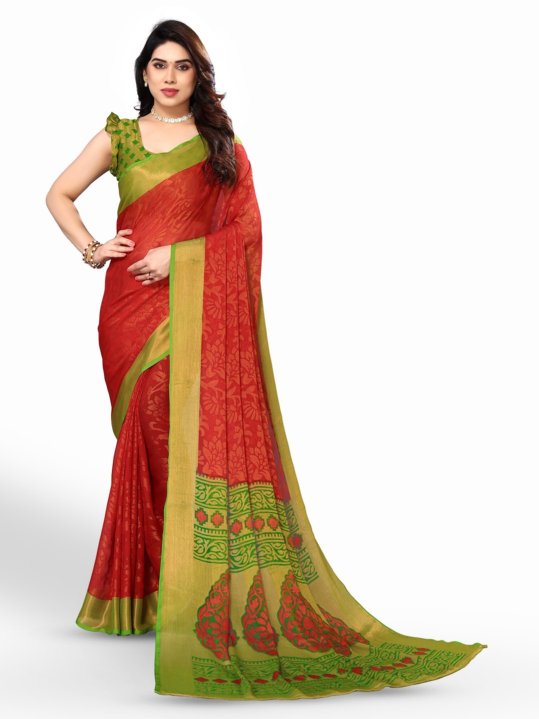 

FABMORA Floral Printed Zari Saree, Red