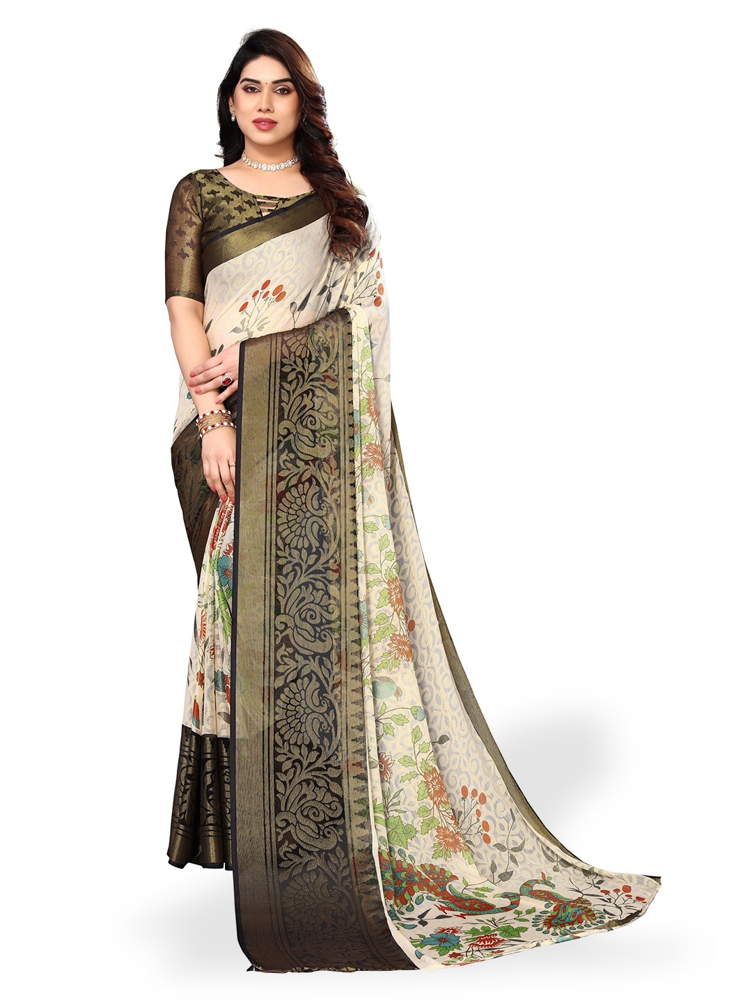 

FABMORA Floral Printed Zari Saree, Cream