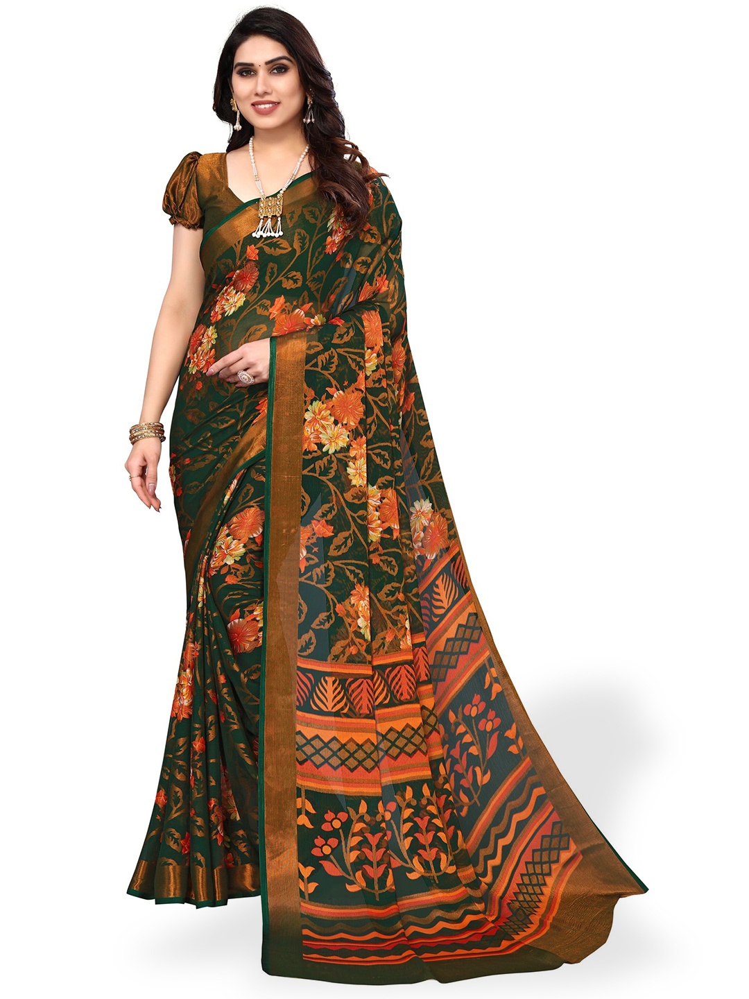 

FABMORA Floral Printed Zari Pure Chiffon Brasso Saree, Green