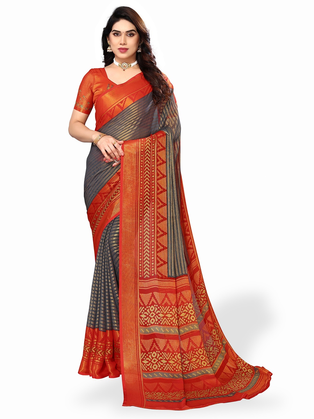 

FABMORA Striped Zari Pure Chiffon Brasso Saree, Red