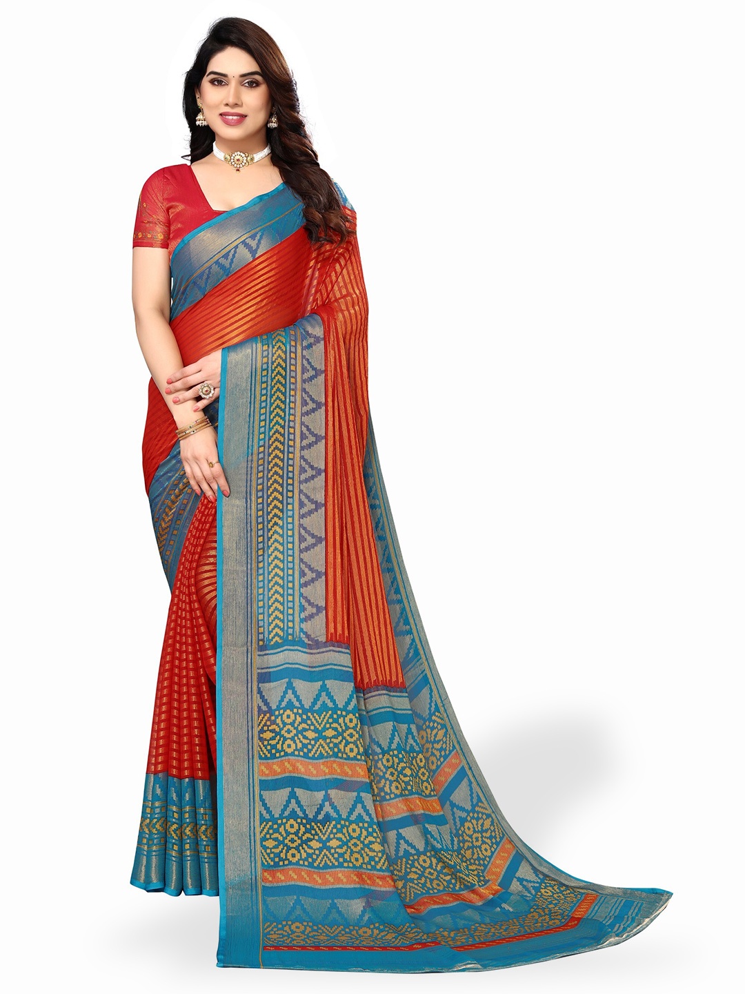 

FABMORA Striped Zari Pure Chiffon Brasso Saree, Red