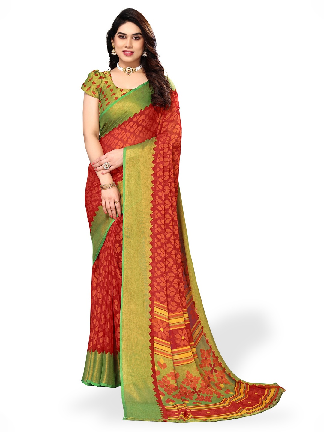 

FABMORA Floral Printed Zari Pure Chiffon Brasso Saree, Red