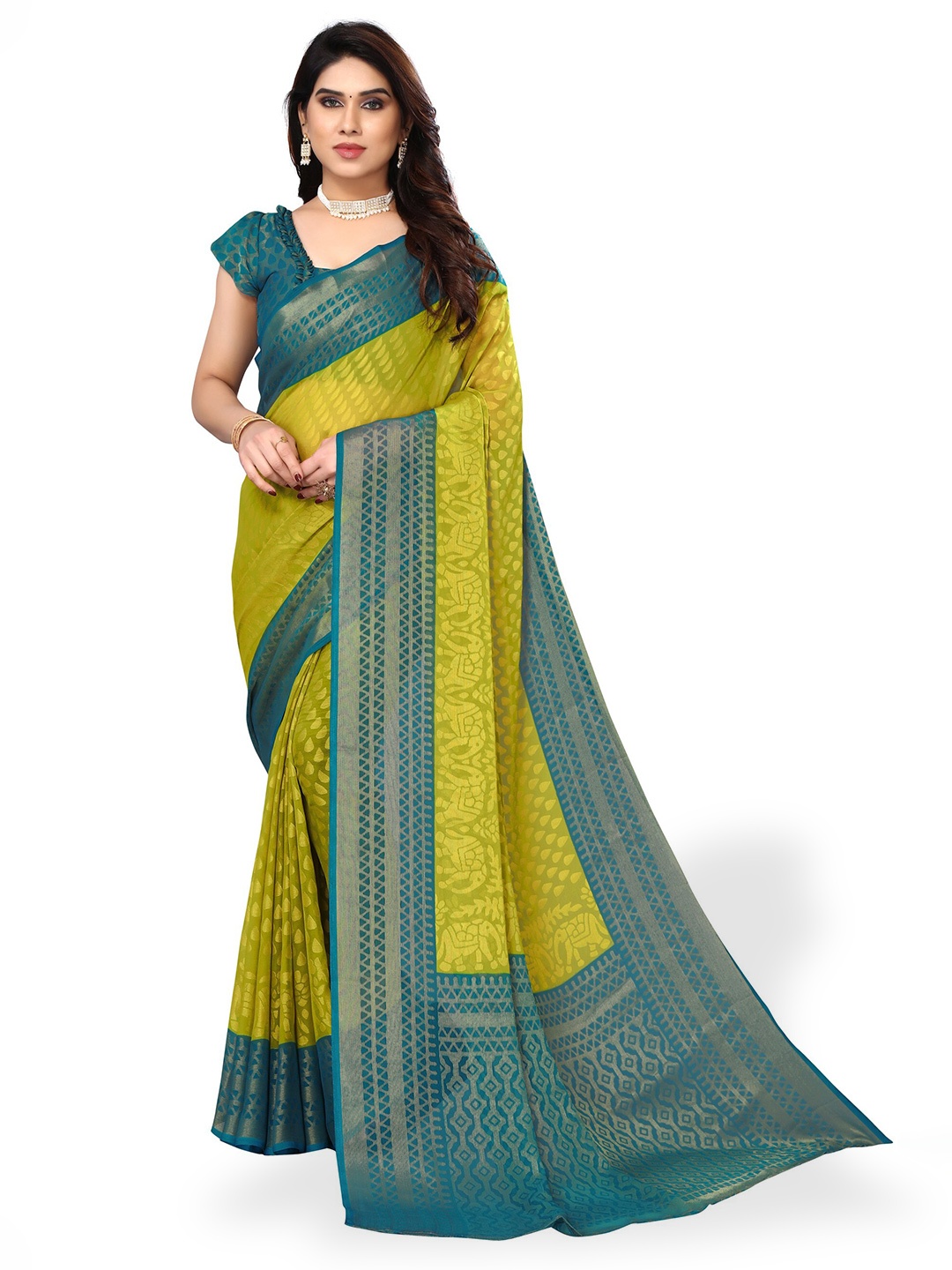 

FABMORA Ethnic Motifs Printed Zari Saree, Green